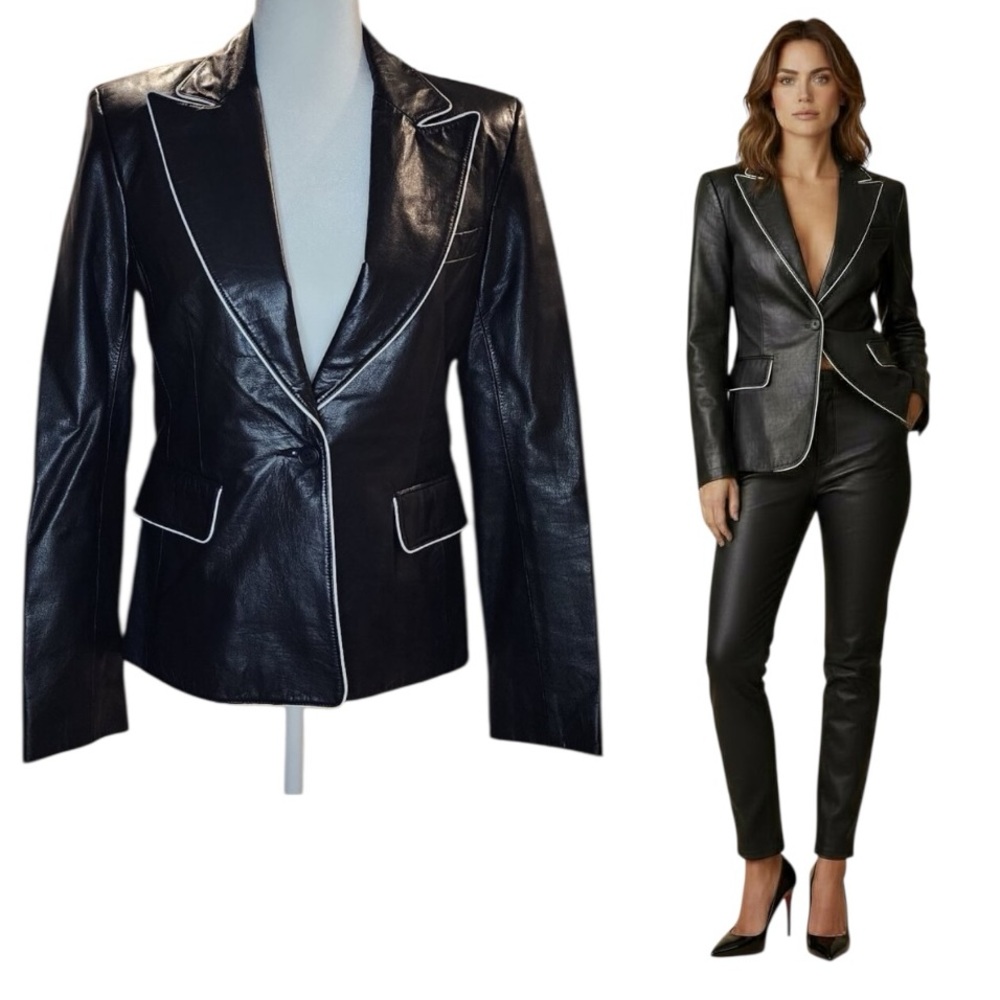 Theory Womens Sz M Black/White Soft 100% Leather Single Button Closure Jacket